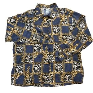 Anna & Frank Silk Shirt XL Blue Gold Zebra Print Animal Baroque Long Sleeve‎